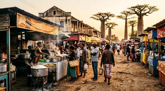 Marché de street food animé à Madagascar avec des stands propres et des habitants faisant la queue