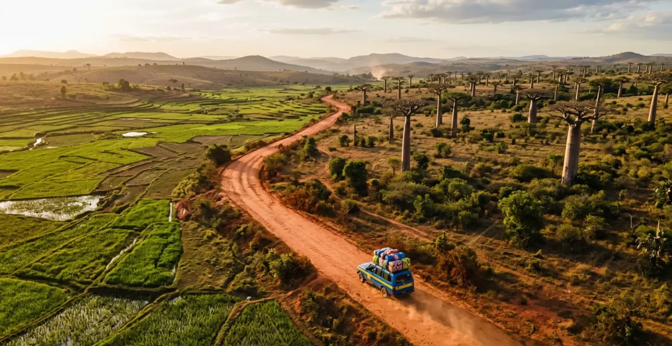 Vue aérienne d'un taxi-brousse coloré traversant une route poussiéreuse malgache entre rizières et baobabs