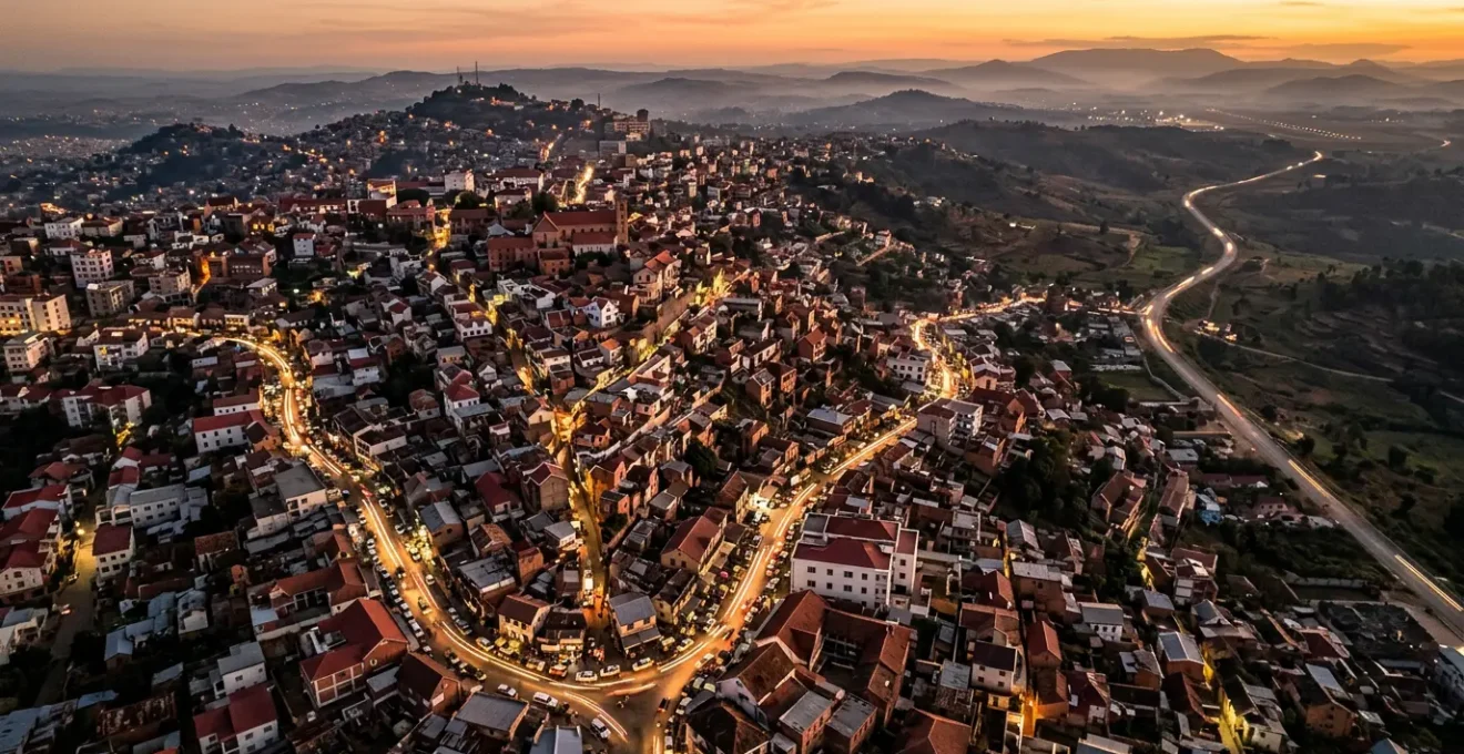 Vue aérienne des embouteillages entre le centre-ville d'Antananarivo et la route de l'aéroport au coucher du soleil