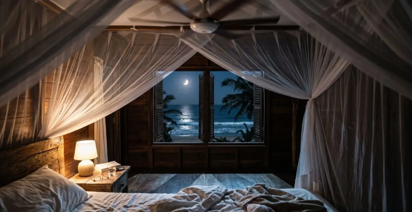 Intérieur de bungalow la nuit avec ventilateur de plafond et vue sur la mer