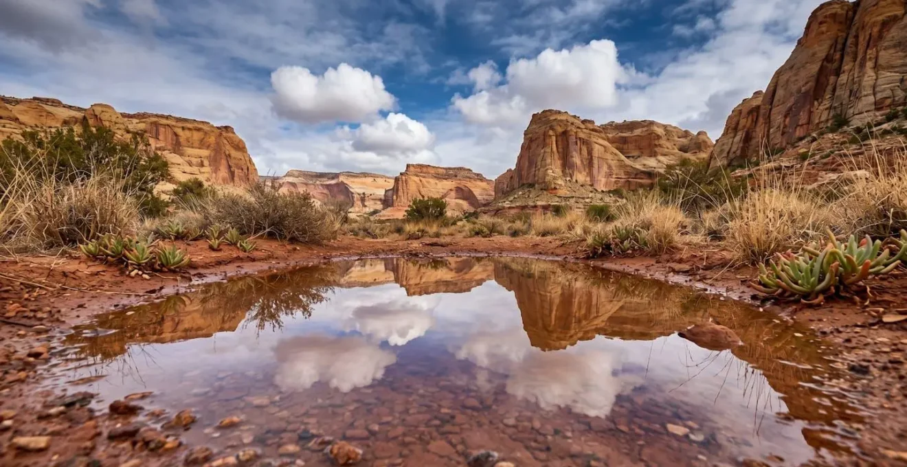 Vue en contre-plongée d'une flaque d'eau reflétant le ciel avec un massif rocheux en arrière-plan