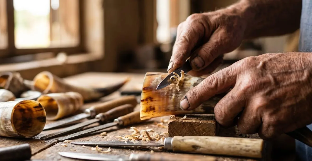 Artisan malgache travaillant la corne de zébu dans son atelier traditionnel
