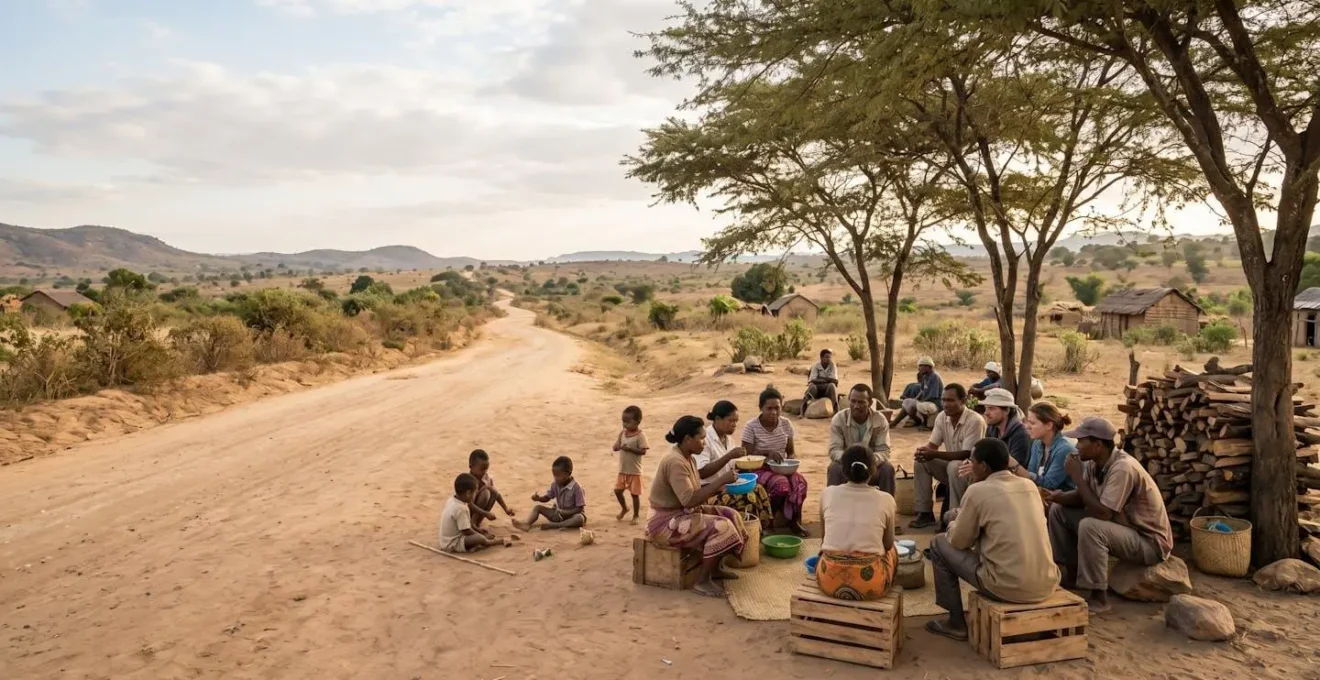 Voyageurs et locaux partageant un moment de convivialité pendant l'attente d'un taxi-brousse