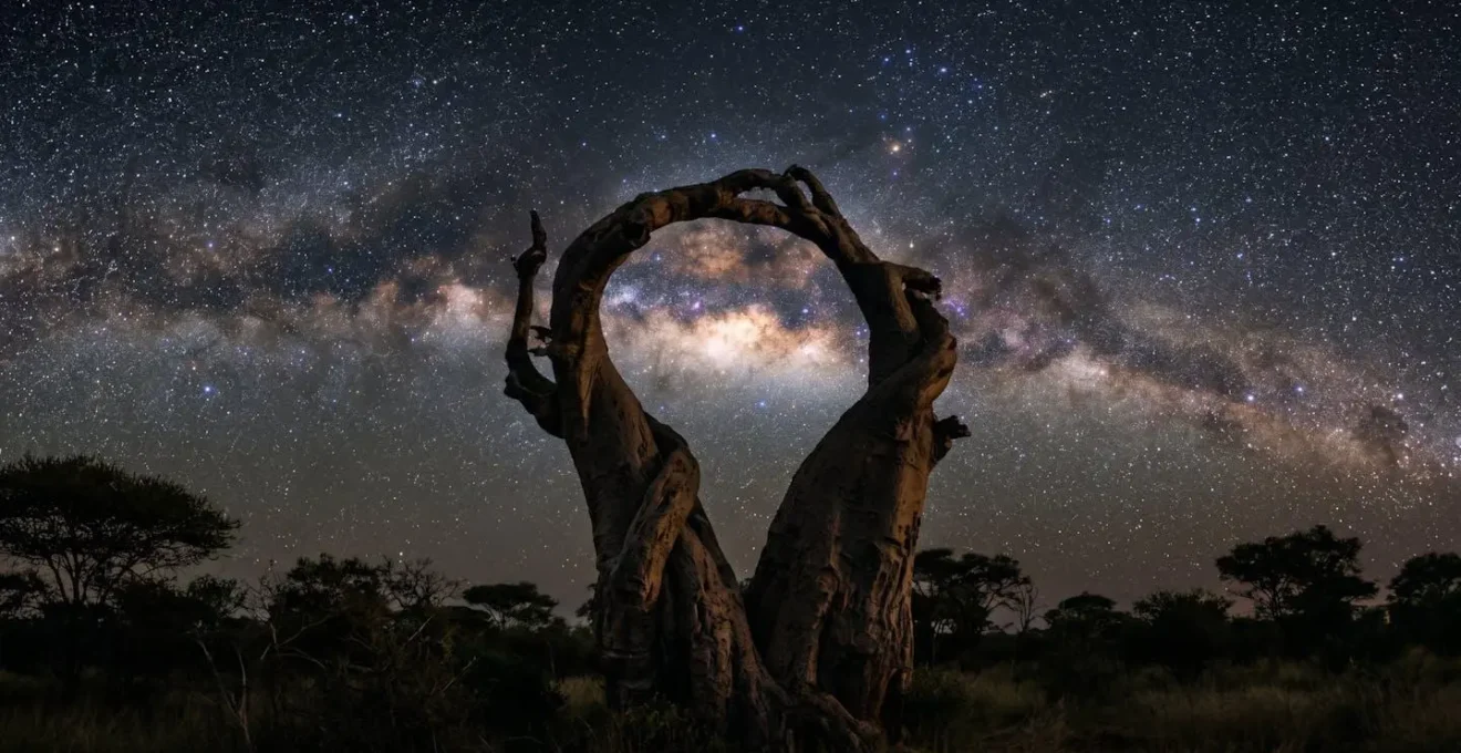 Deux baobabs entrelacés sous la voie lactée avec absence totale de pollution lumineuse