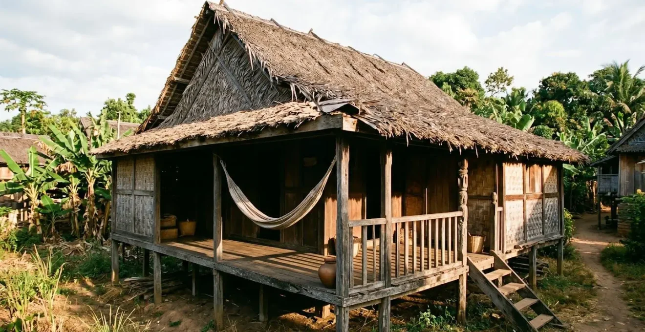 Bungalow traditionnel malgache avec toit en ravinala et large terrasse ombragée