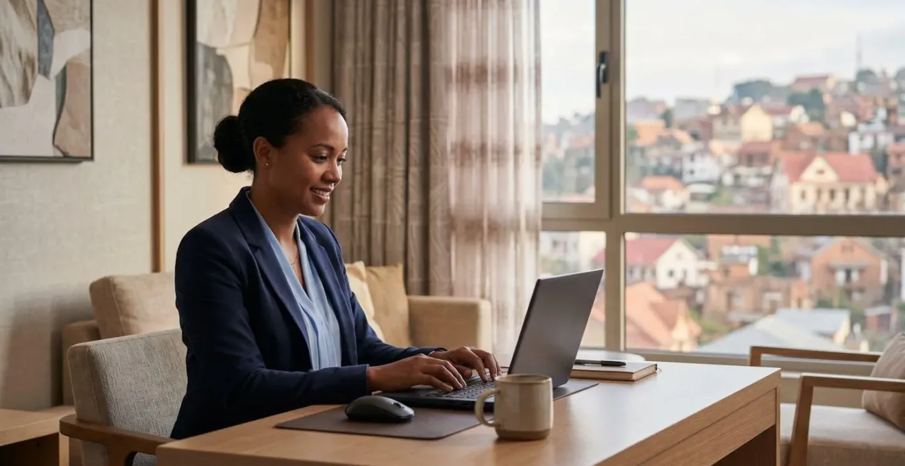 Espace de travail moderne dans un hôtel d'Antananarivo avec vue sur la ville