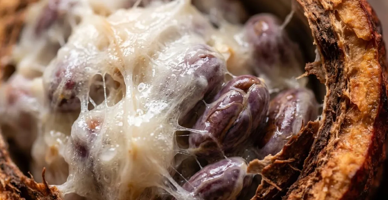 Gros plan sur des cabosses de cacao ouvertes révélant les fèves blanches entourées de pulpe