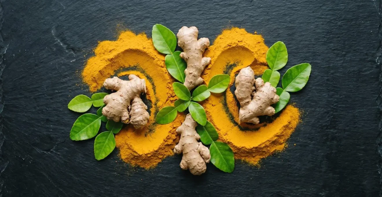 Composition d'épices malgaches avec curcuma doré, gingembre frais et feuilles de combava disposés artistiquement