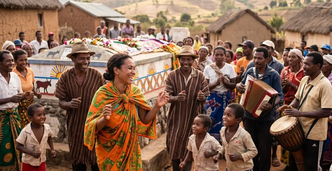 Cérémonie traditionnelle du famadihana avec musiciens et participants joyeux autour d'un tombeau décoré