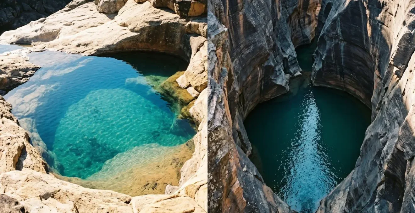 Vue comparative des deux piscines naturelles de l'Isalo baignées de lumière matinale montrant leurs caractères distincts