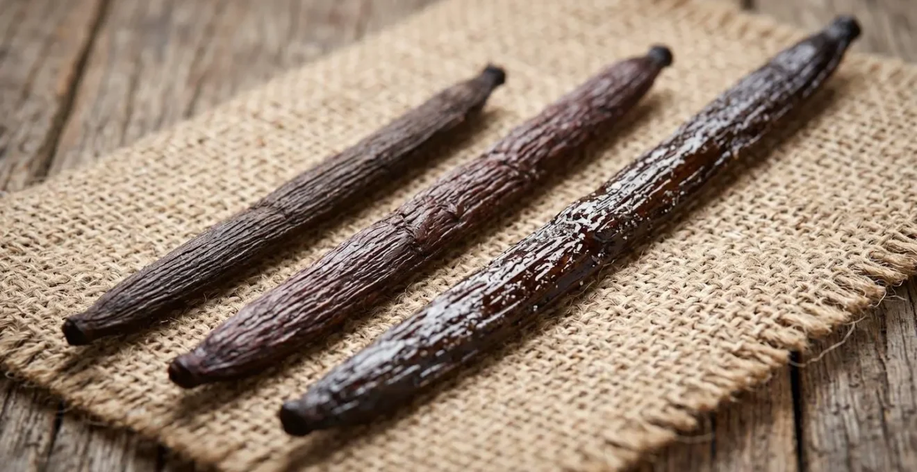 Comparaison visuelle de gousses de vanille de différentes tailles disposées sur une surface en bois naturel