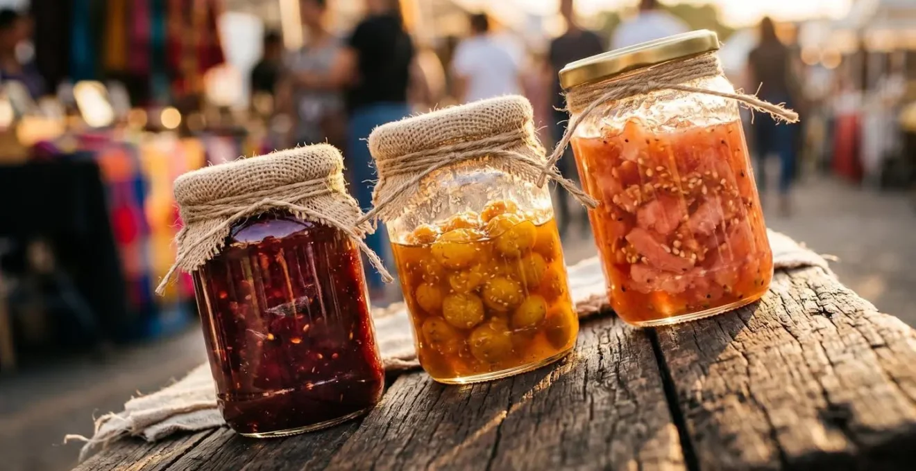 Pots de confitures artisanales malgaches aux fruits tropicaux disposés sur une table de marché