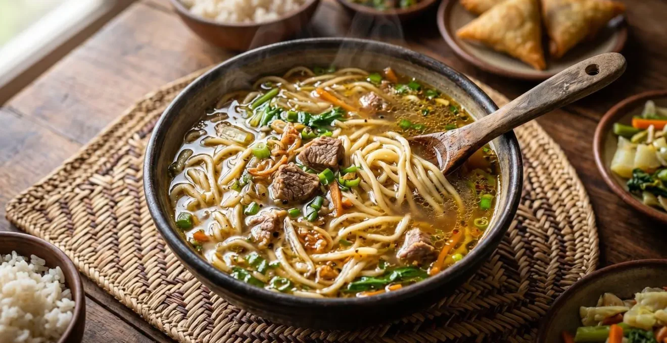 Table de fête malgache avec plats métissés incluant la soupe chinoise traditionnelle