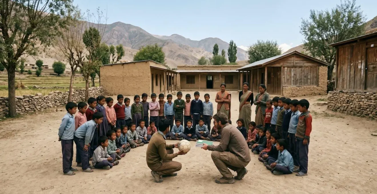 Remise d'un cadeau collectif dans une école de village