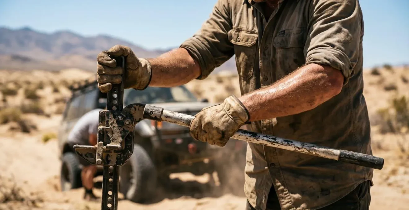 Équipement de récupération 4x4 disposé sur le sol : plaques de désensablage et cric Hi-Lift