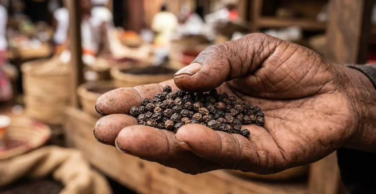 Gros plan macro sur des mains expertes évaluant des grains de poivre noir dans une lumière naturelle douce