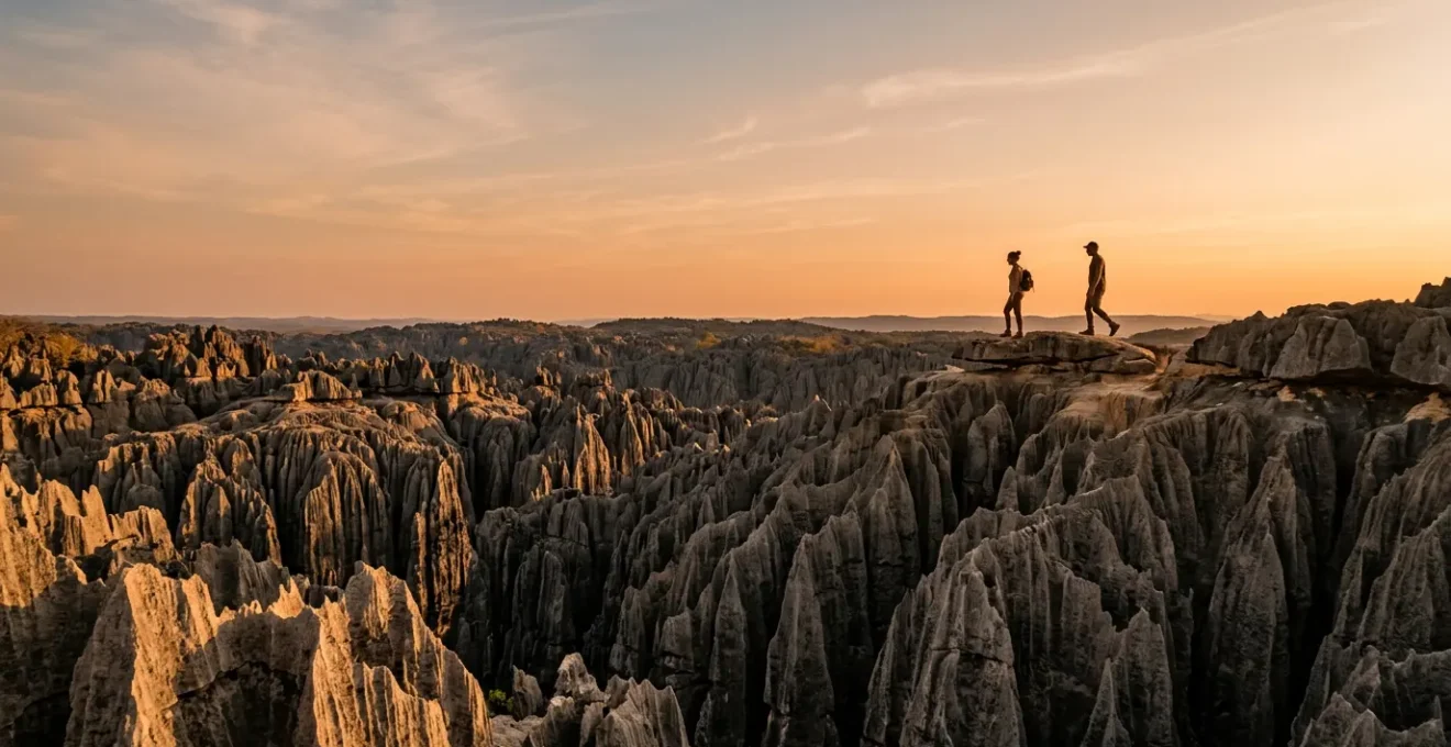 Vue panoramique des formations rocheuses uniques de Madagascar avec la lumière dorée du coucher de soleil