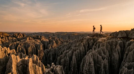 Vue panoramique des formations rocheuses uniques de Madagascar avec la lumière dorée du coucher de soleil