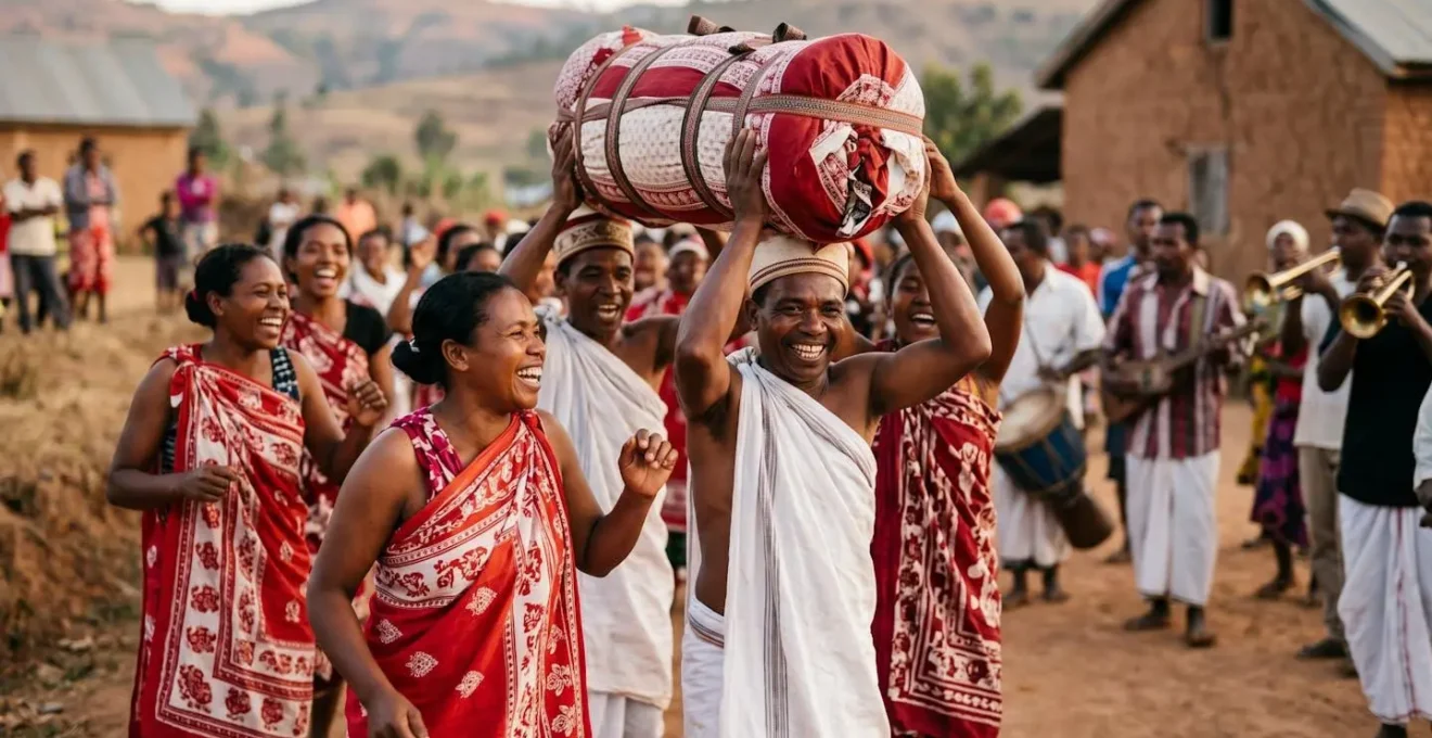 Familles malgaches portant et dansant avec les linceuls ancestraux lors d'une cérémonie de Famadihana