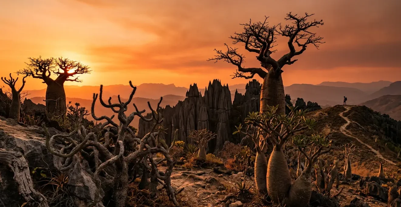 Paysage onirique de la forêt d'épineux de Madagascar avec baobabs et formations karstiques au coucher de soleil