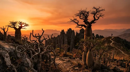 Paysage onirique de la forêt d'épineux de Madagascar avec baobabs et formations karstiques au coucher de soleil