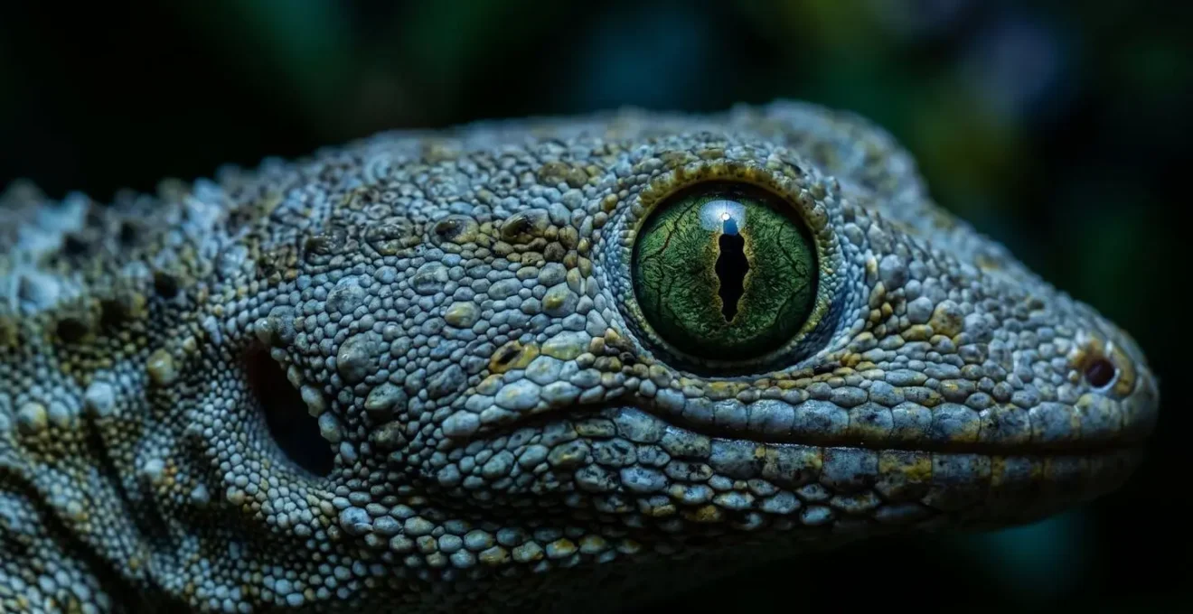Gros plan macro sur un gecko tokay la nuit avec détails de sa peau texturée