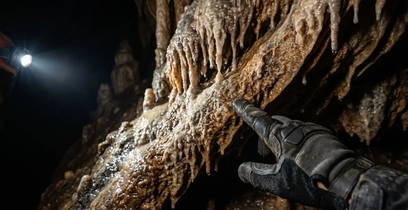 Spéléologue descendant dans une grotte calcaire avec formations stalactites éclairées par sa lampe frontale