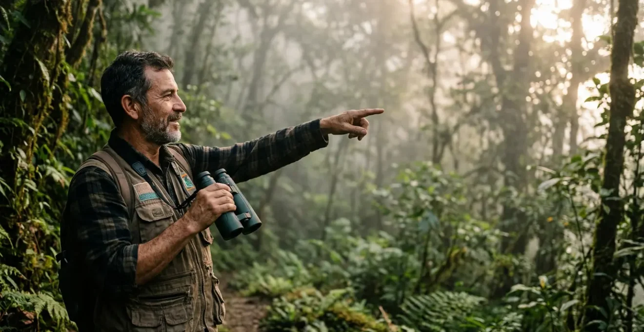 Guide local avec jumelles observant la faune dans un parc naturel au petit matin