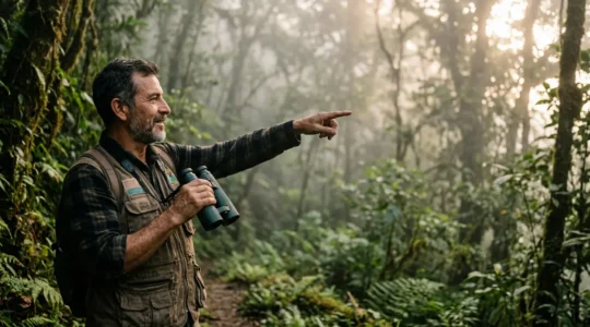 Guide local avec jumelles observant la faune dans un parc naturel au petit matin