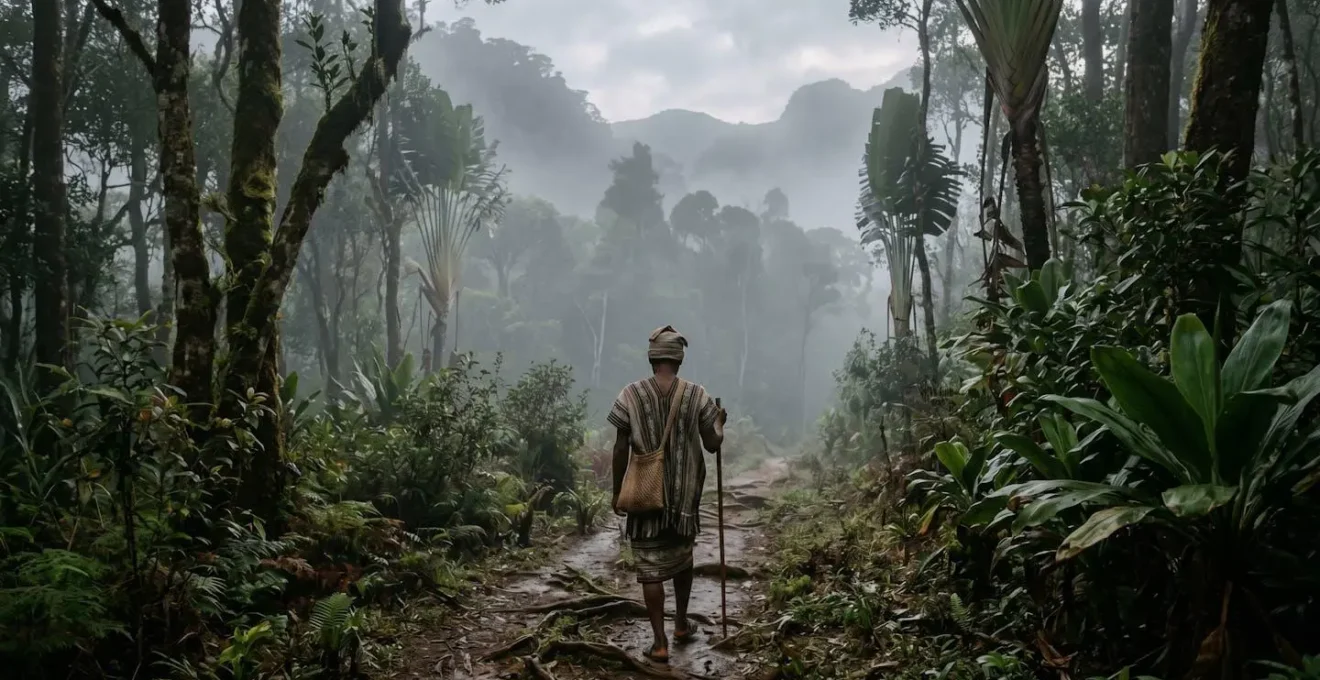 Guide zafimaniry local montrant le chemin vers un village traditionnel dans les montagnes brumeuses