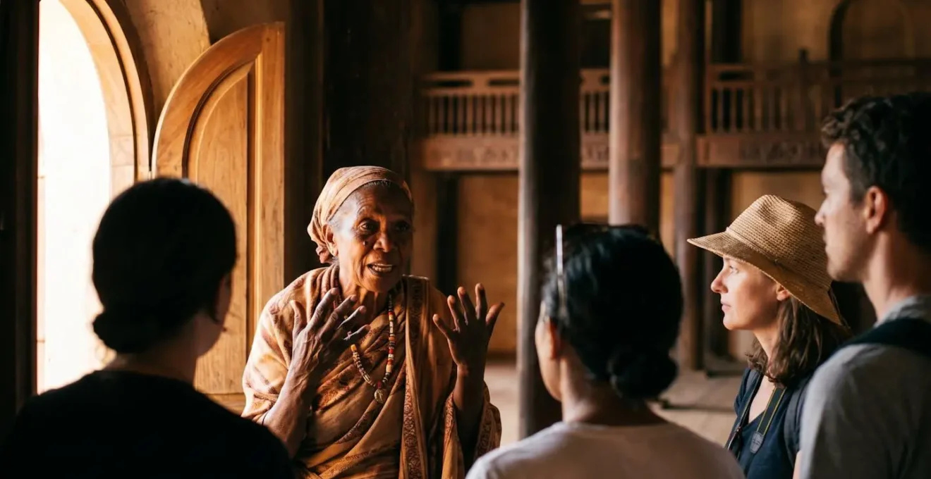 Guide malgache partageant l'histoire orale du Rova avec des visiteurs attentifs