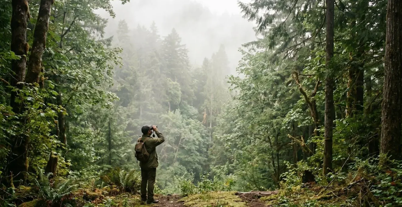 Guide scrutant la canopée avec des jumelles professionnelles pour détecter la faune invisible
