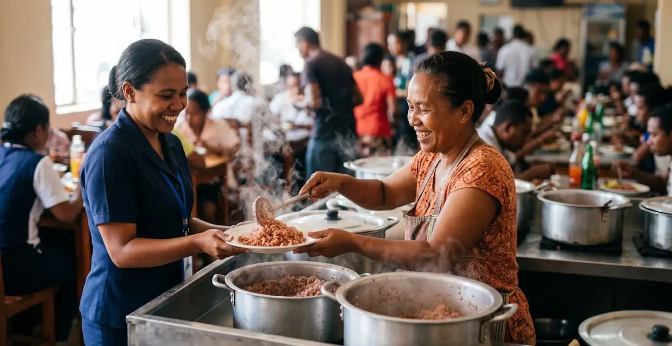 Hotely gasy animé avec des clients locaux attablés et une cuisinière servant du riz chaud fumant
