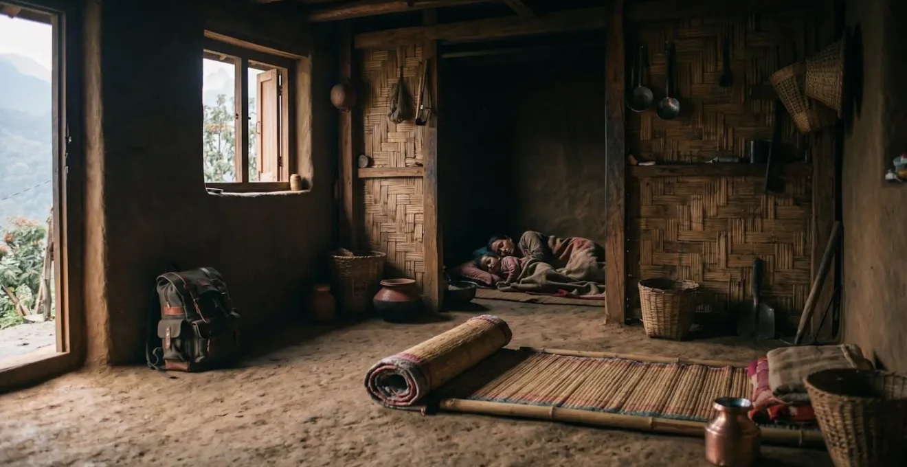 Intérieur d'une habitation rurale partagée au petit matin