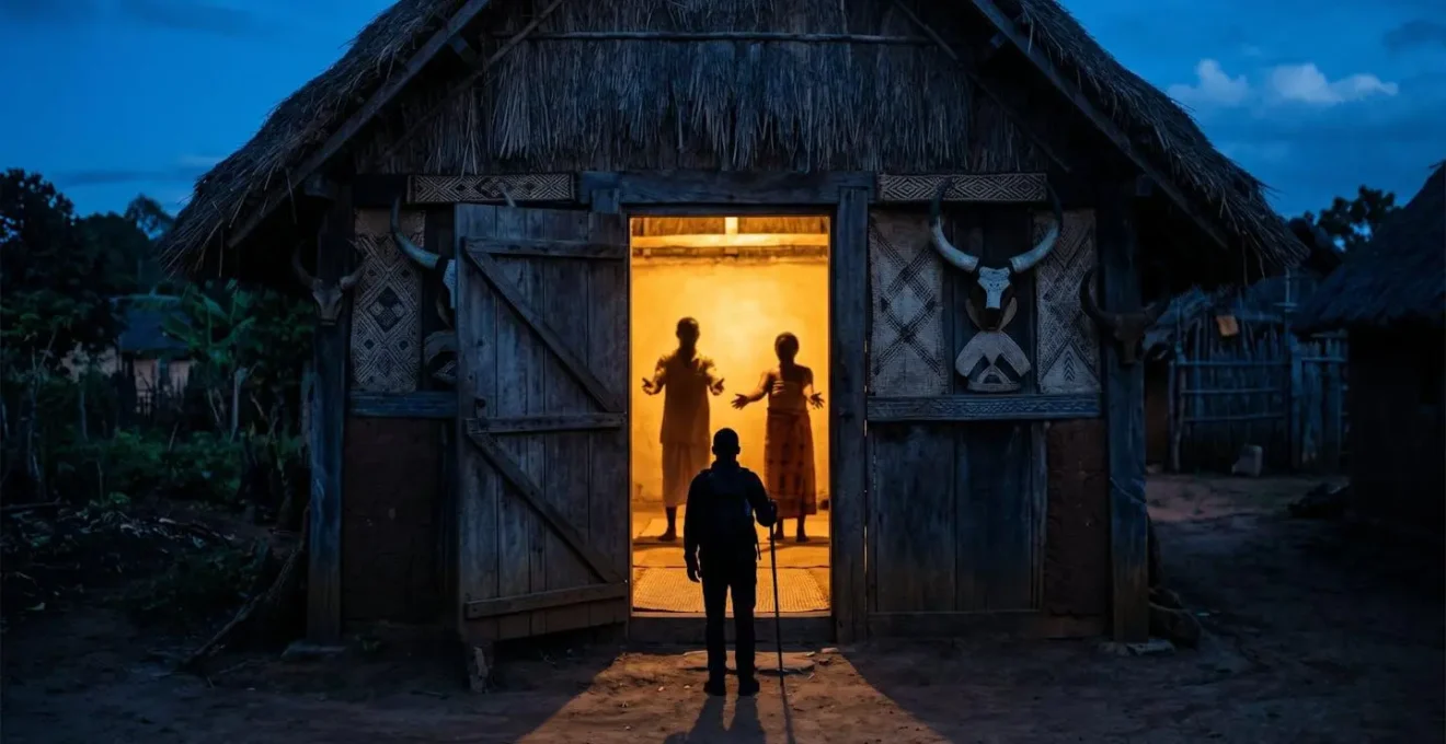 Scène chaleureuse d'accueil dans un village malgache avec habitants souriants, symbolisant le seuil de l'inconnu.