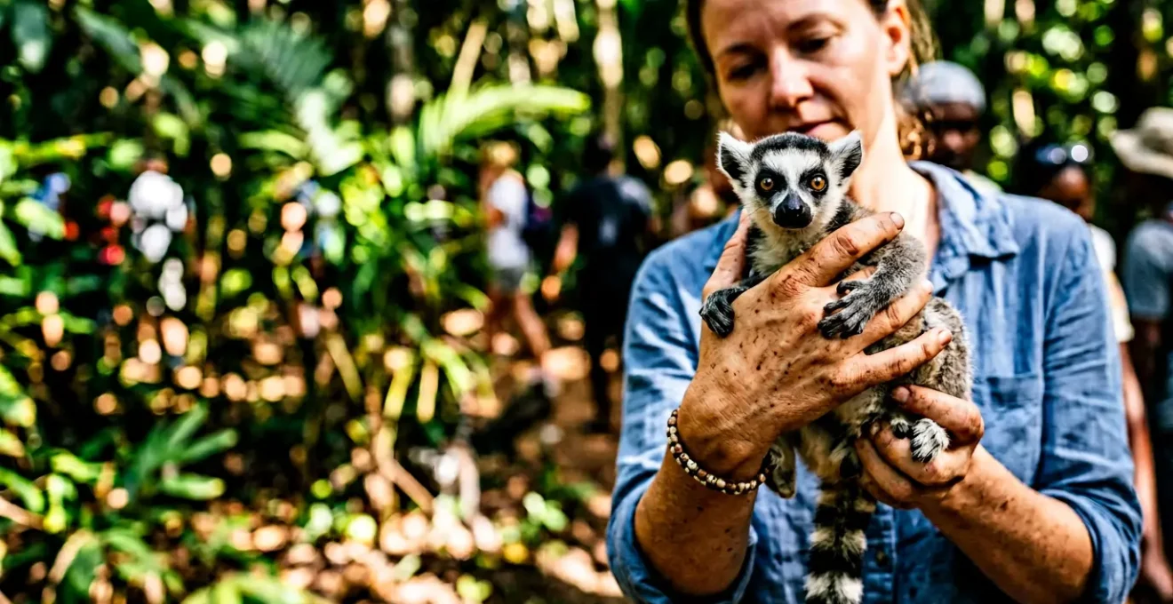 Touriste tenant un lémurien dans ses bras dans un contexte touristique à Madagascar