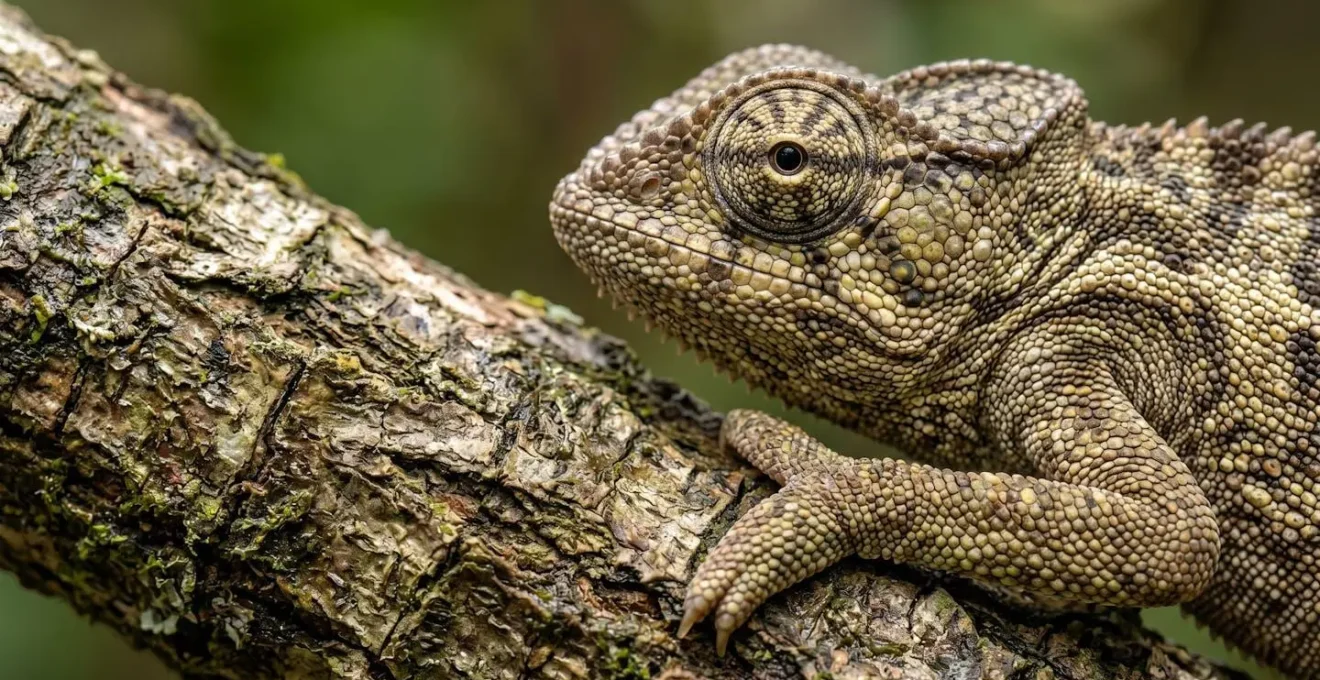 Gros plan macro d'un caméléon partiellement visible sur une branche, montrant les détails de sa peau texturée