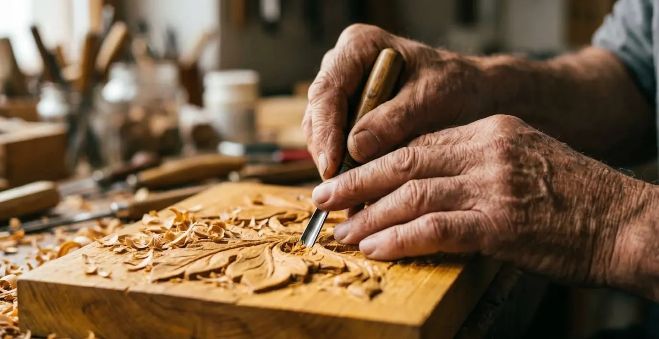 Mains d'un maître sculpteur malgache travaillant le bois avec des outils traditionnels