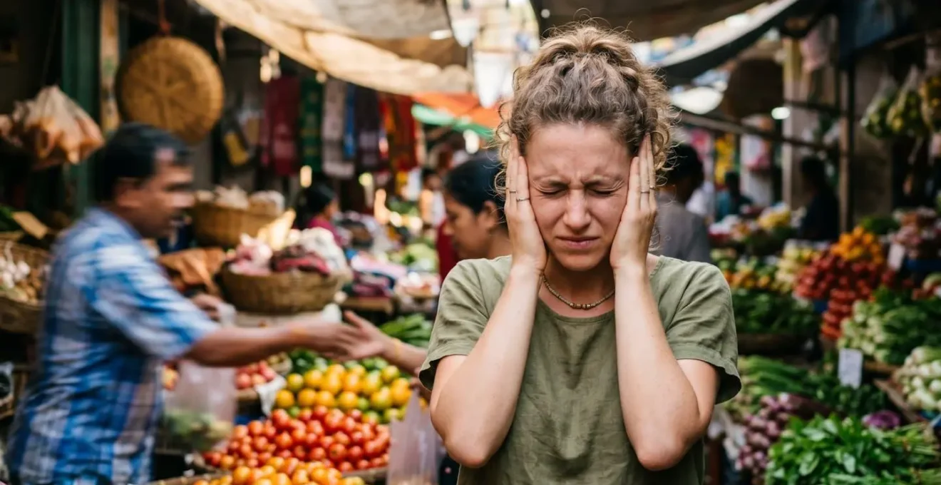 Vue immersive d'un marché traditionnel malgache avec étals colorés et foule animée symbolisant la surcharge sensorielle.