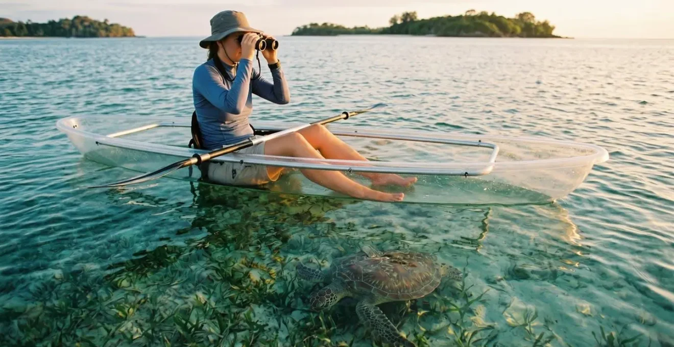 Observation respectueuse d'une tortue verte depuis un kayak transparent au-dessus des herbiers de Nosy Sakatia