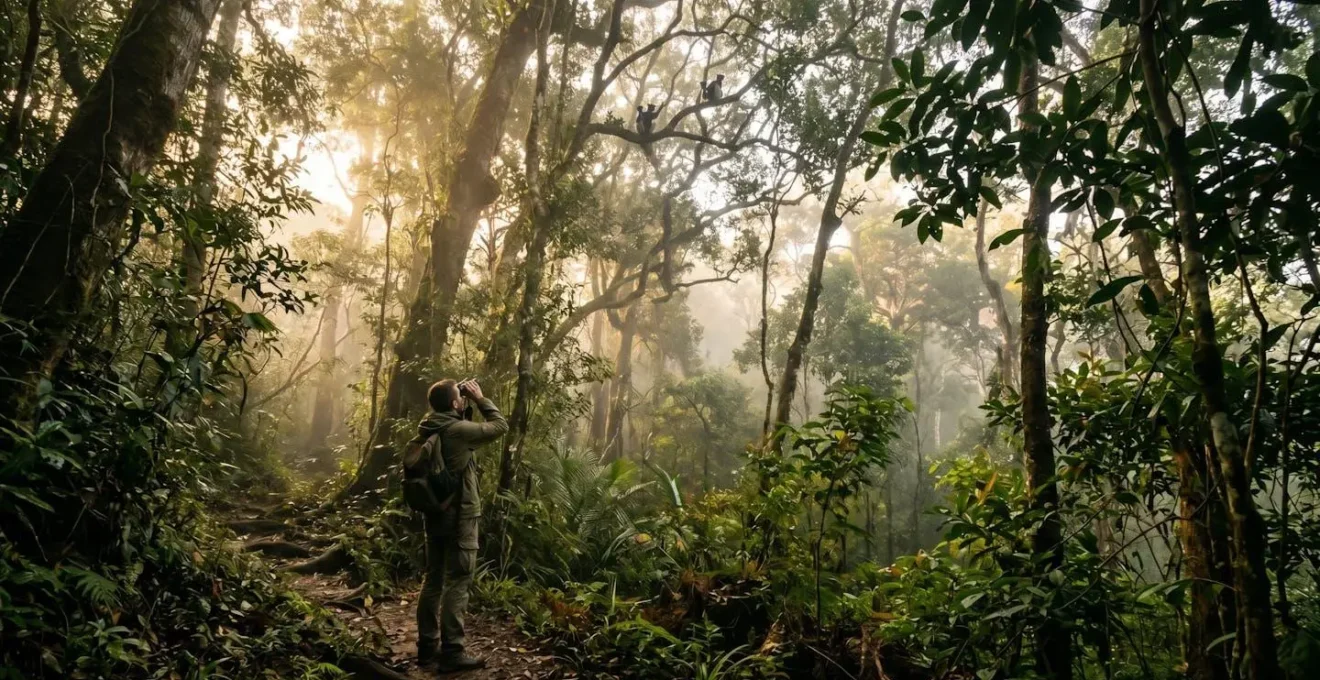 Observateur utilisant des jumelles pour observer les lémuriens à distance respectueuse dans la forêt malgache
