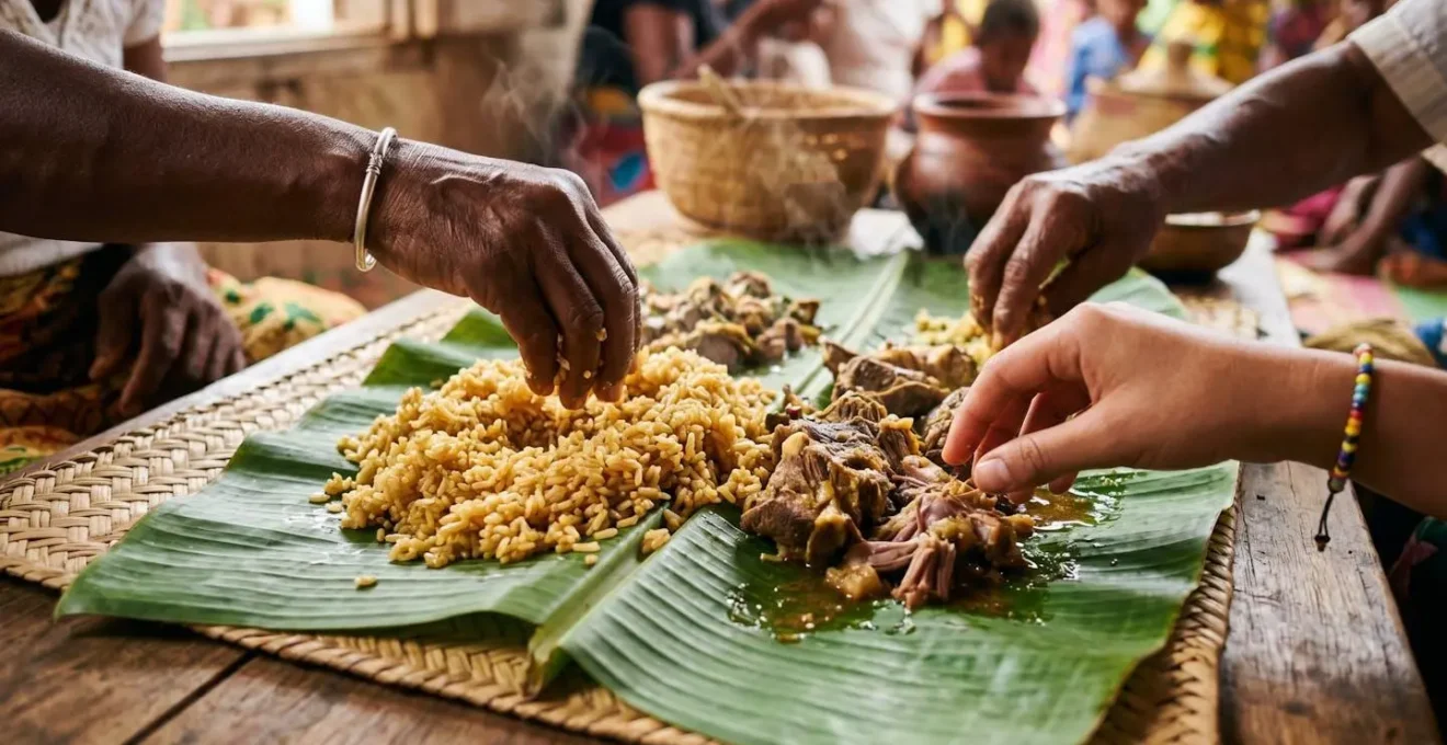 Partage du repas communautaire lors d'un Famadihana illustrant le concept de Fihavanana à Madagascar