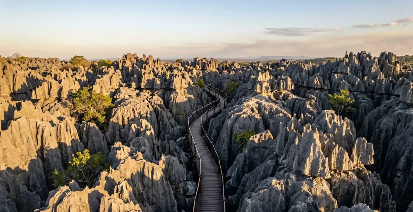 Vue aérienne des formations calcaires des Petits Tsingy avec sentier serpentant entre les pics rocheux