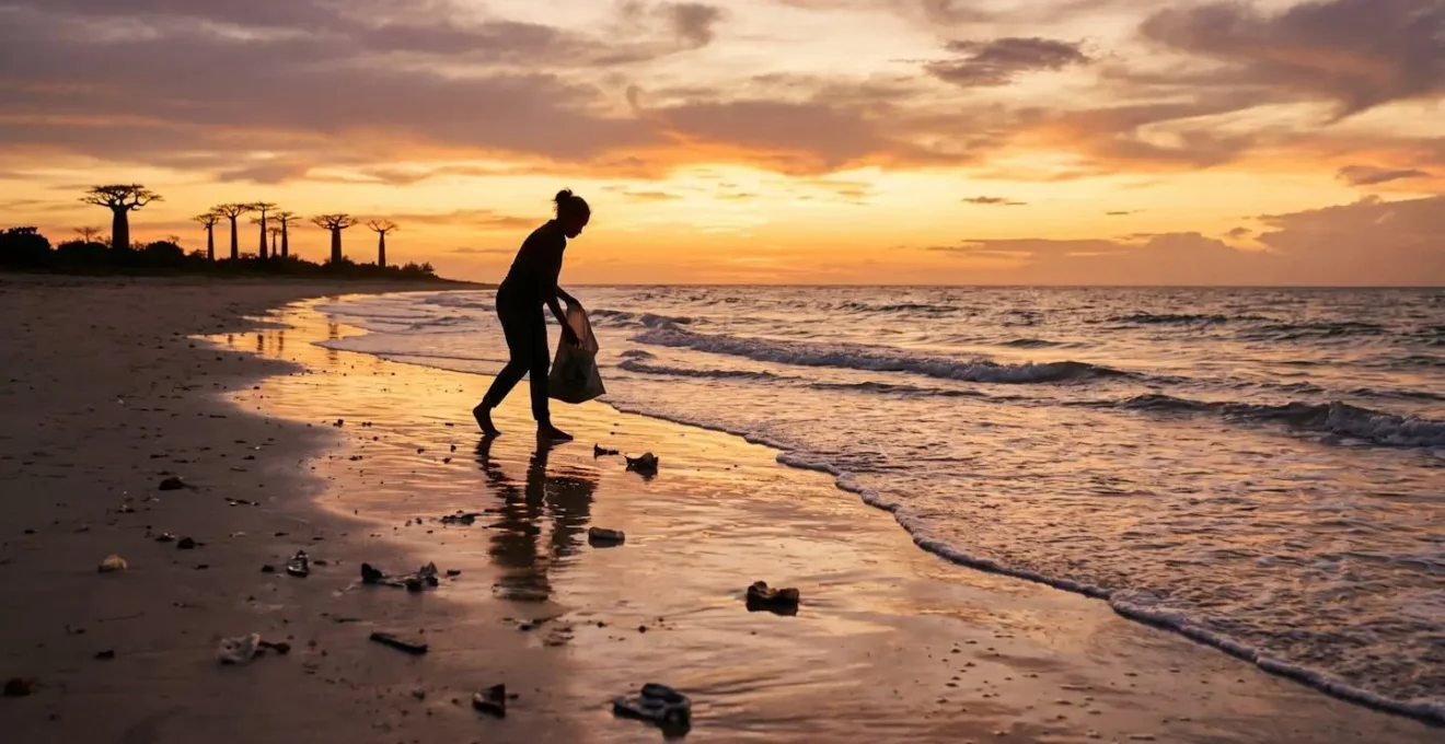 Voyageur ramassant des déchets plastiques sur une plage paradisiaque de Madagascar au coucher du soleil