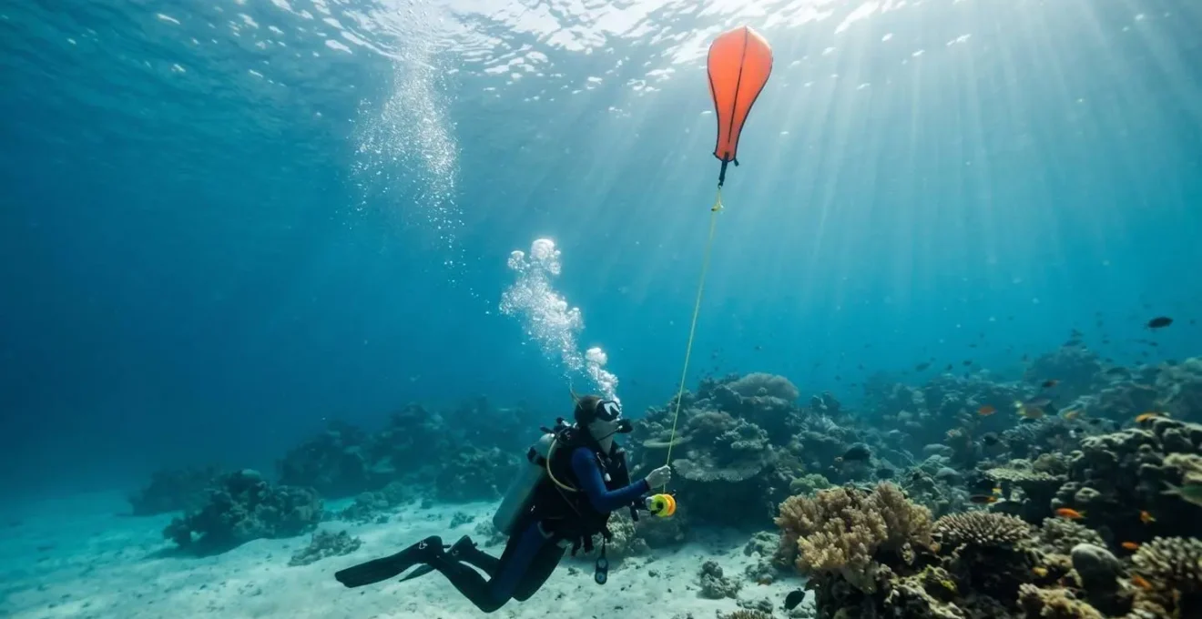 Plongeur déployant un parachute de palier orange dans les eaux cristallines avec récif corallien en arrière-plan