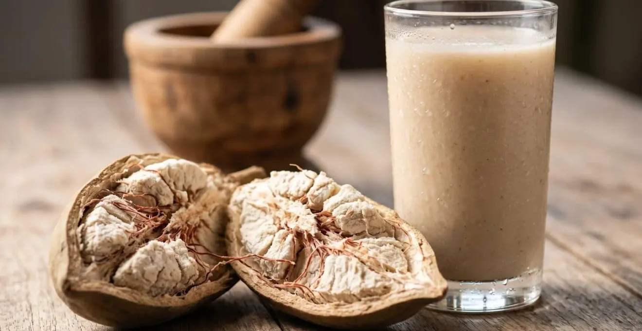 Fruit du baobab ouvert montrant la pulpe blanche et un verre de jus de bouye frais