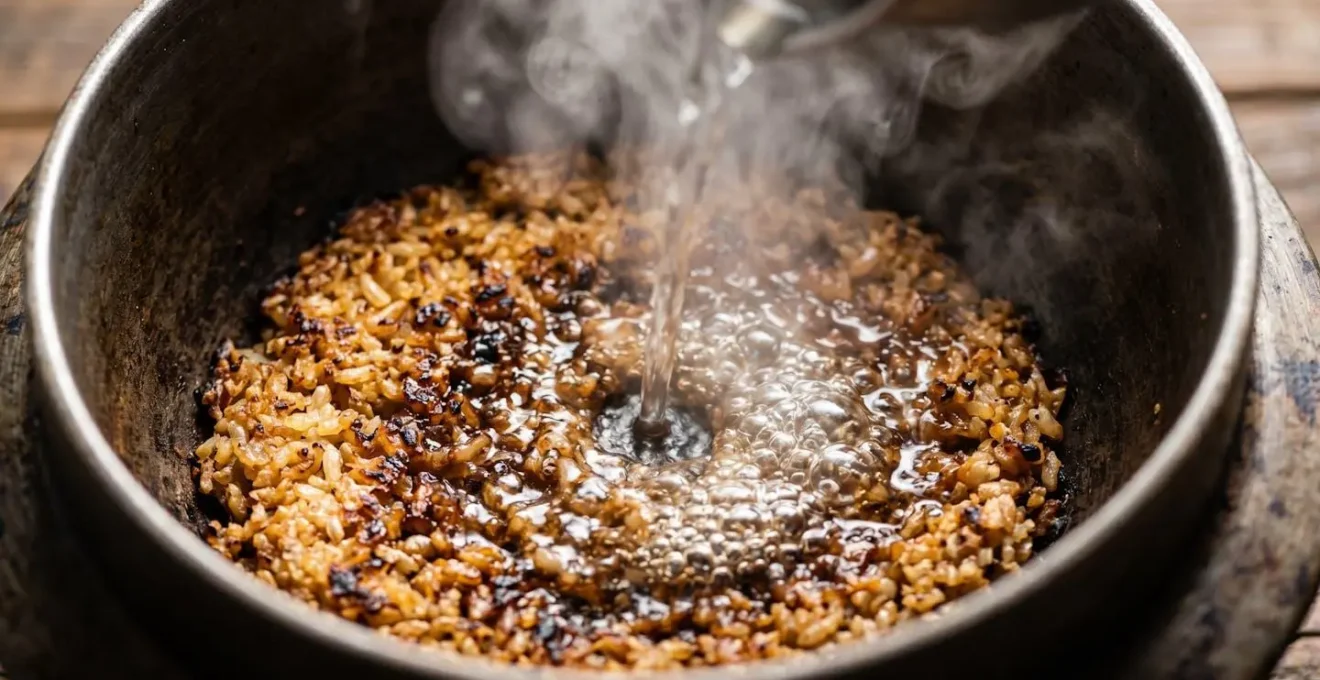 Gros plan sur une marmite traditionnelle avec du riz brûlé au fond et de l'eau bouillante versée dessus
