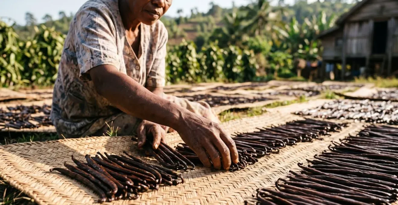 Séchage traditionnel de gousses de vanille au soleil sur des nattes tressées à Madagascar