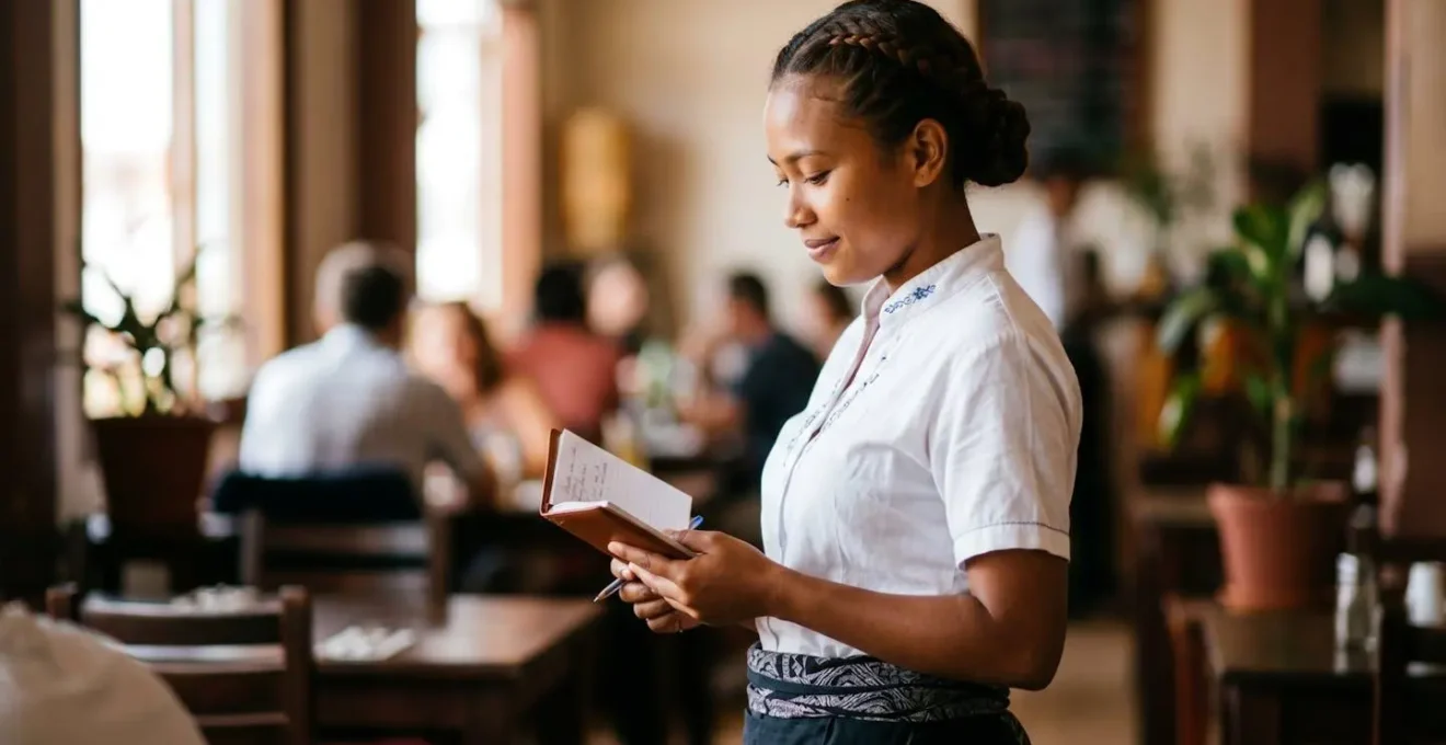 Portrait d'un serveur malgache adoptant une posture respectueuse avec le regard détourné