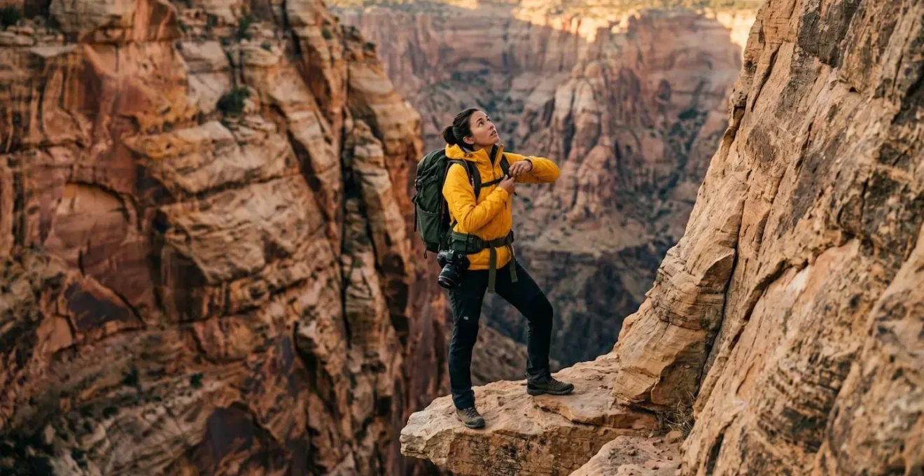 Photographe placé sur une corniche intermédiaire dans un canyon, portant un vêtement jaune vif contrastant avec les parois ocre